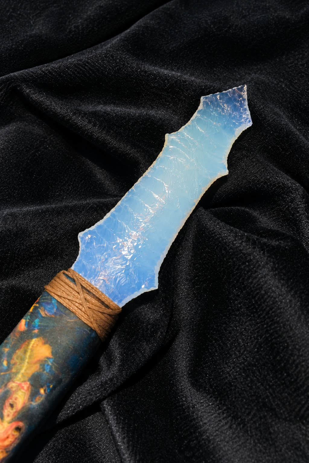 Close-up of a blue opal-inspired knapped blade and stabilized wood handle