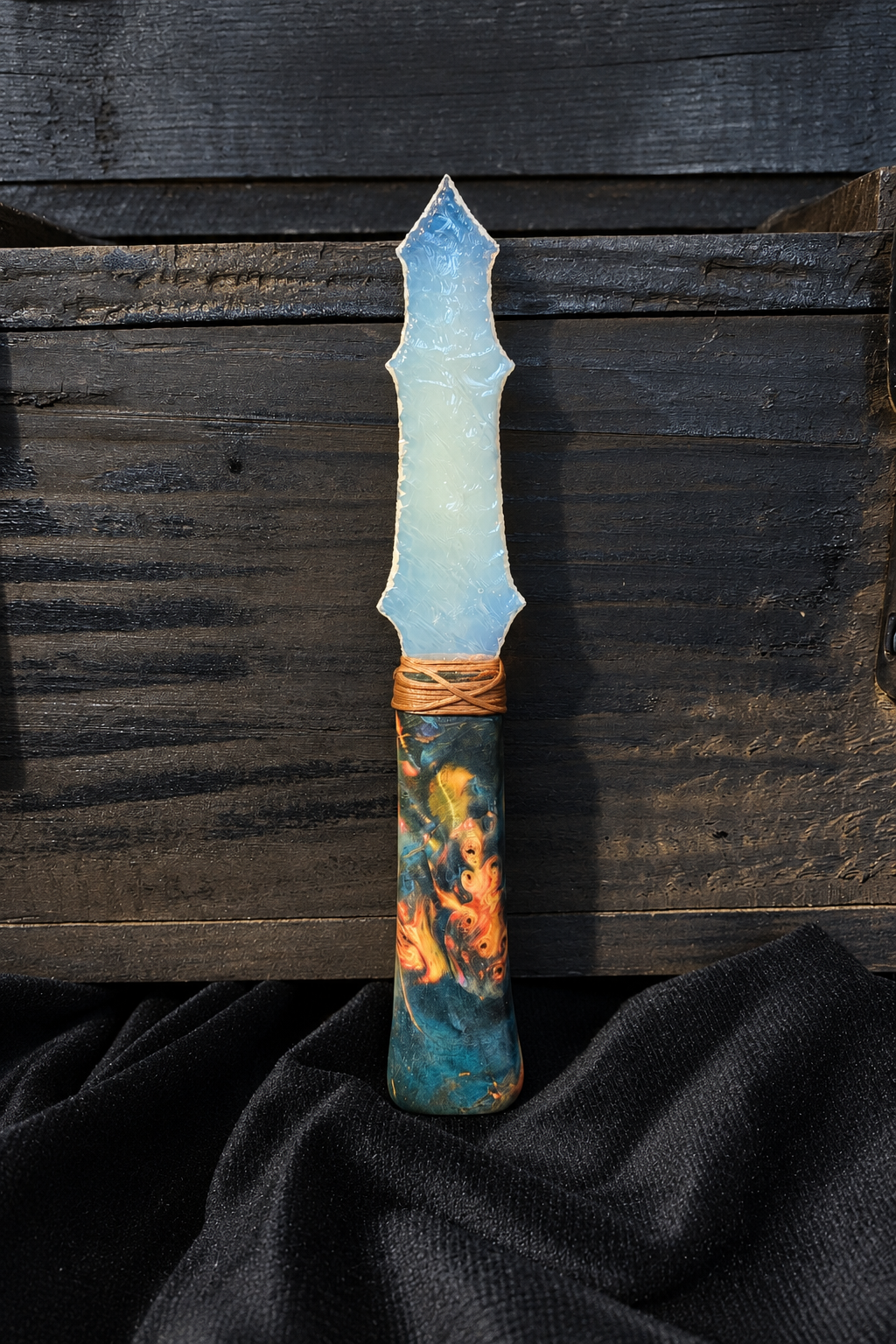 Blue opal-inspired display blade photographed on dark wood