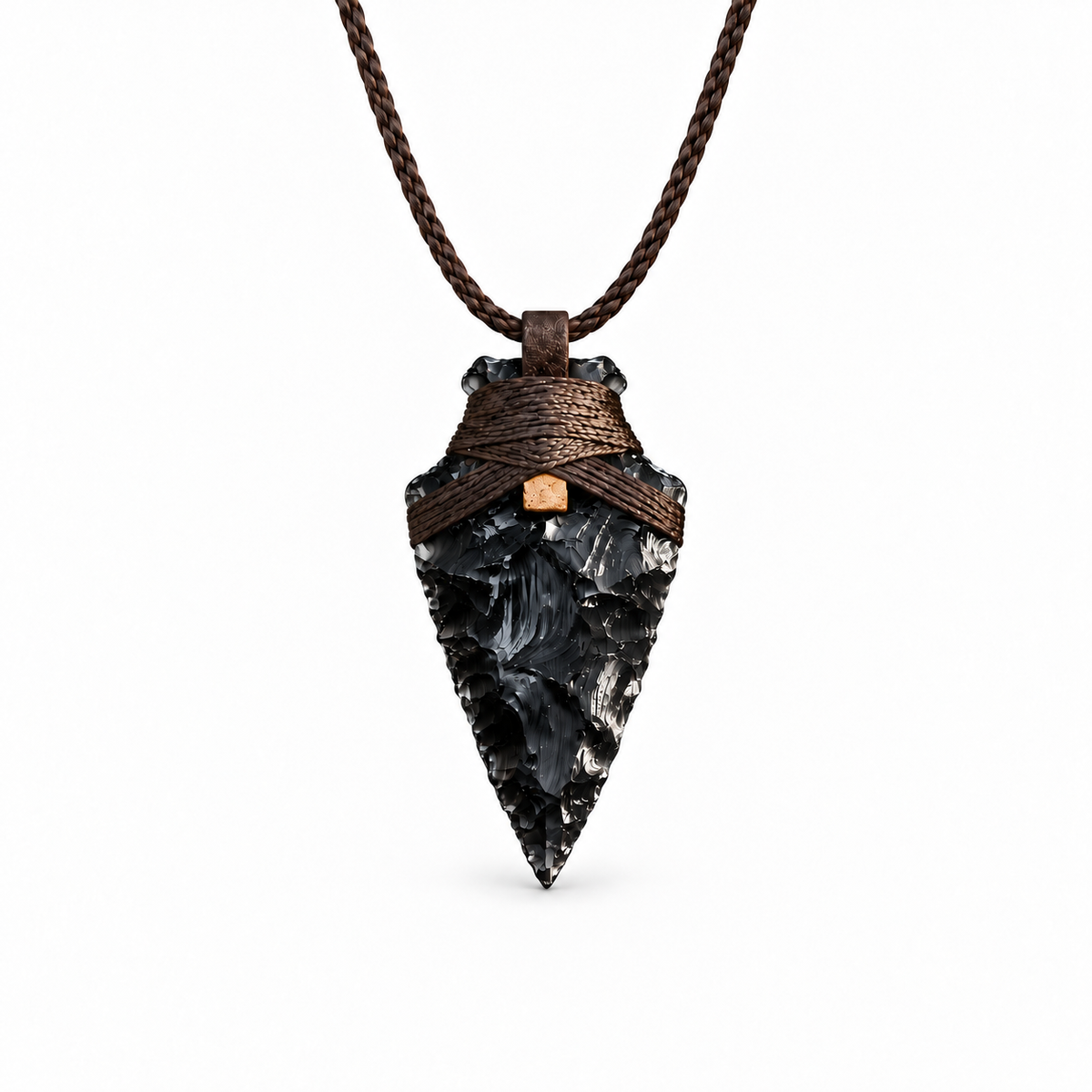 Black arrowhead pendant necklace with brown cord wrapping