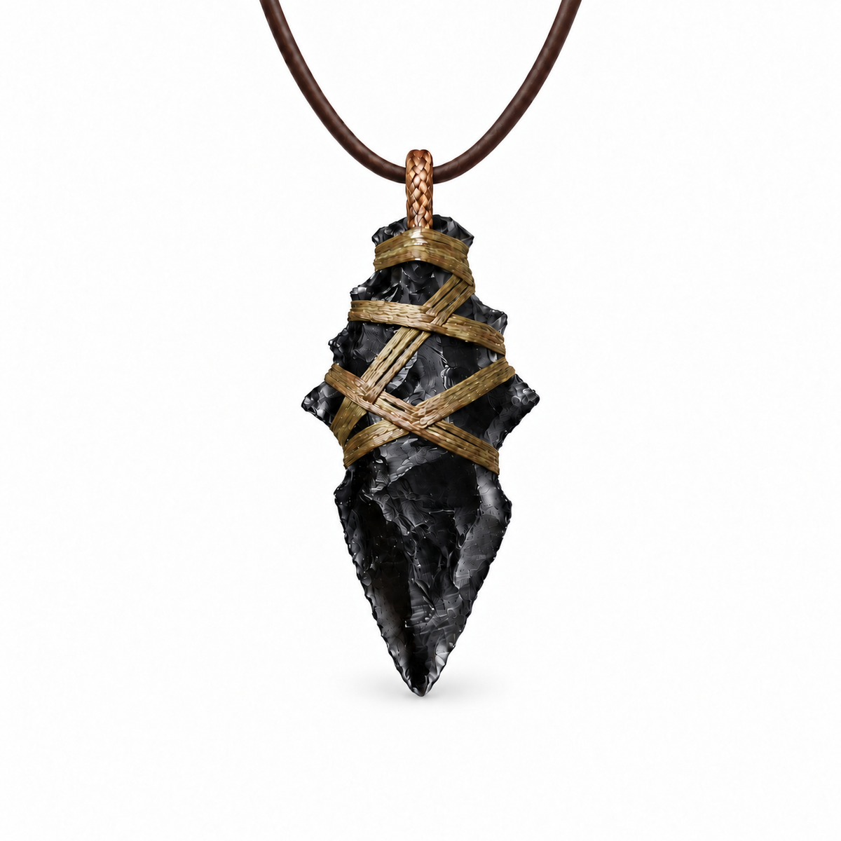 Black barbed arrowhead pendant necklace with crisscross cord wrapping
