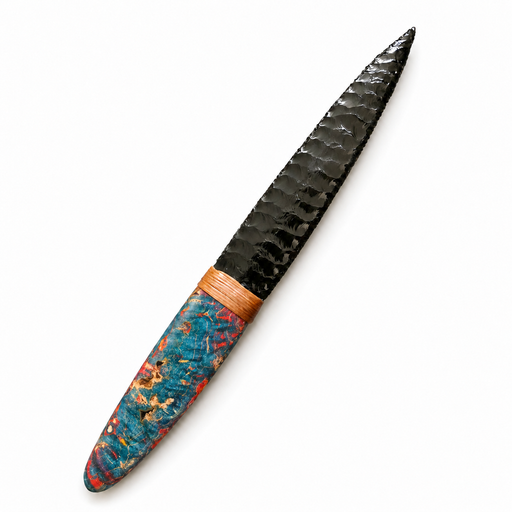 Black broad-blade knapped display knife with a colorful handle