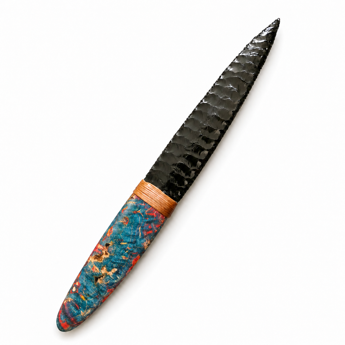 Black broad-blade knapped display knife with a colorful handle