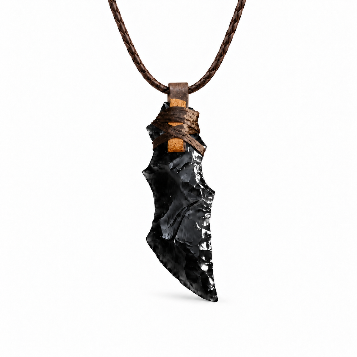 Black curved blade pendant necklace with brown cord wrapping
