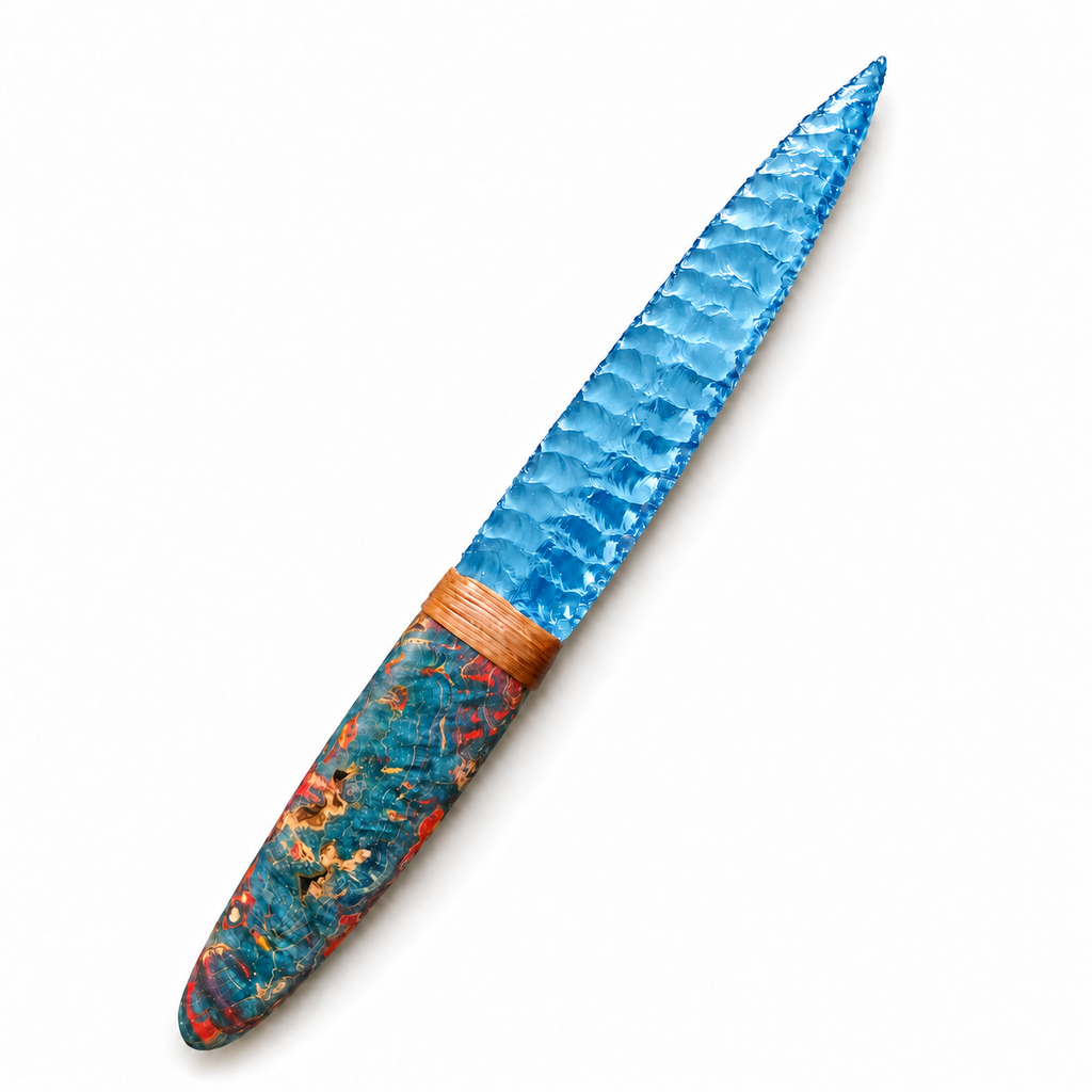 Blue broad-blade knapped display knife with a colorful handle