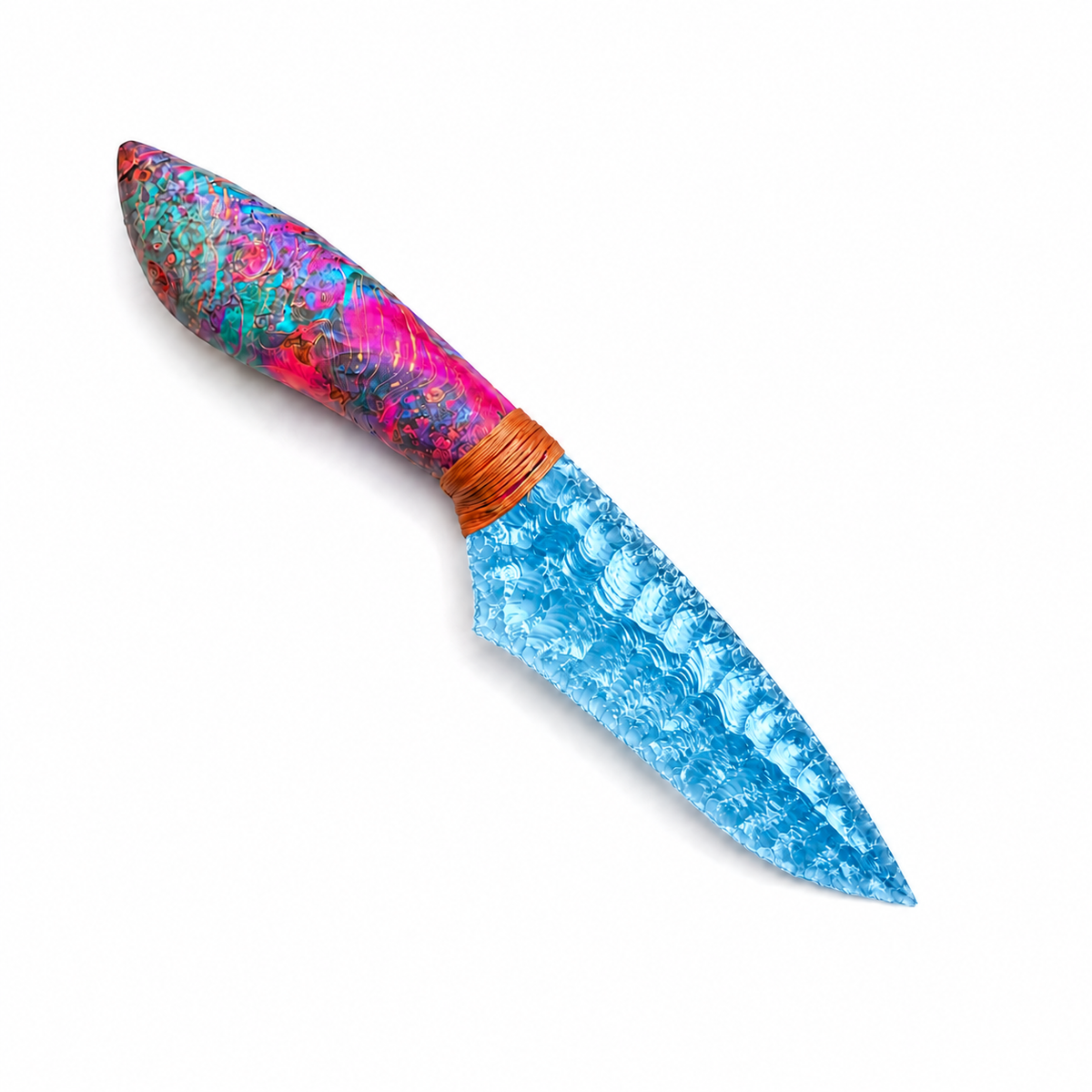 Blue knapped fantasy display knife with a colorful marbled handle