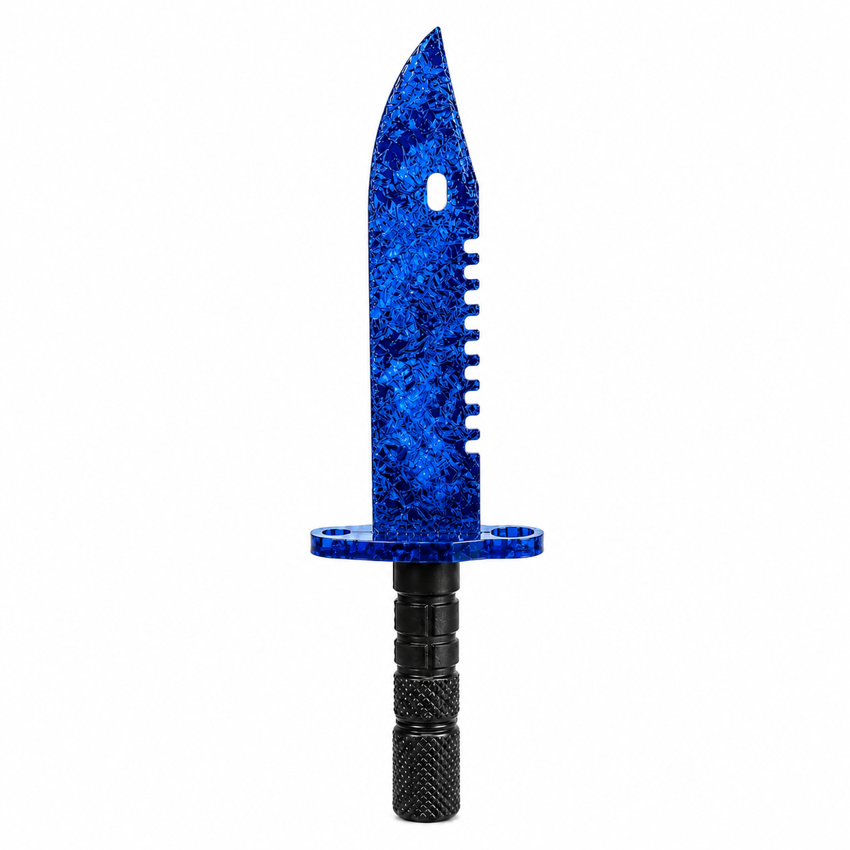 Blue glass M9-inspired display knife with a notched blade spine, oval blade opening and a black textured handle.