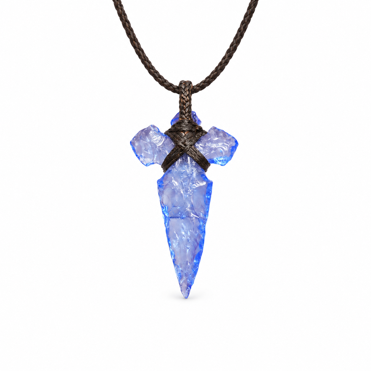 Blue-purple sword pendant necklace with cord-wrapped crossguard