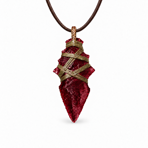Dark red barbed arrowhead pendant necklace with crisscross cord wrapping