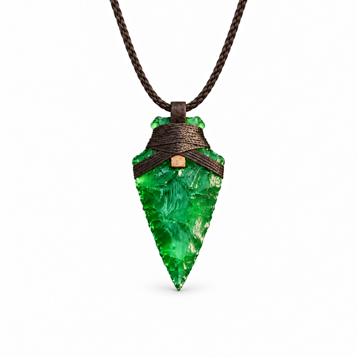 Green arrowhead pendant necklace with brown cord wrapping