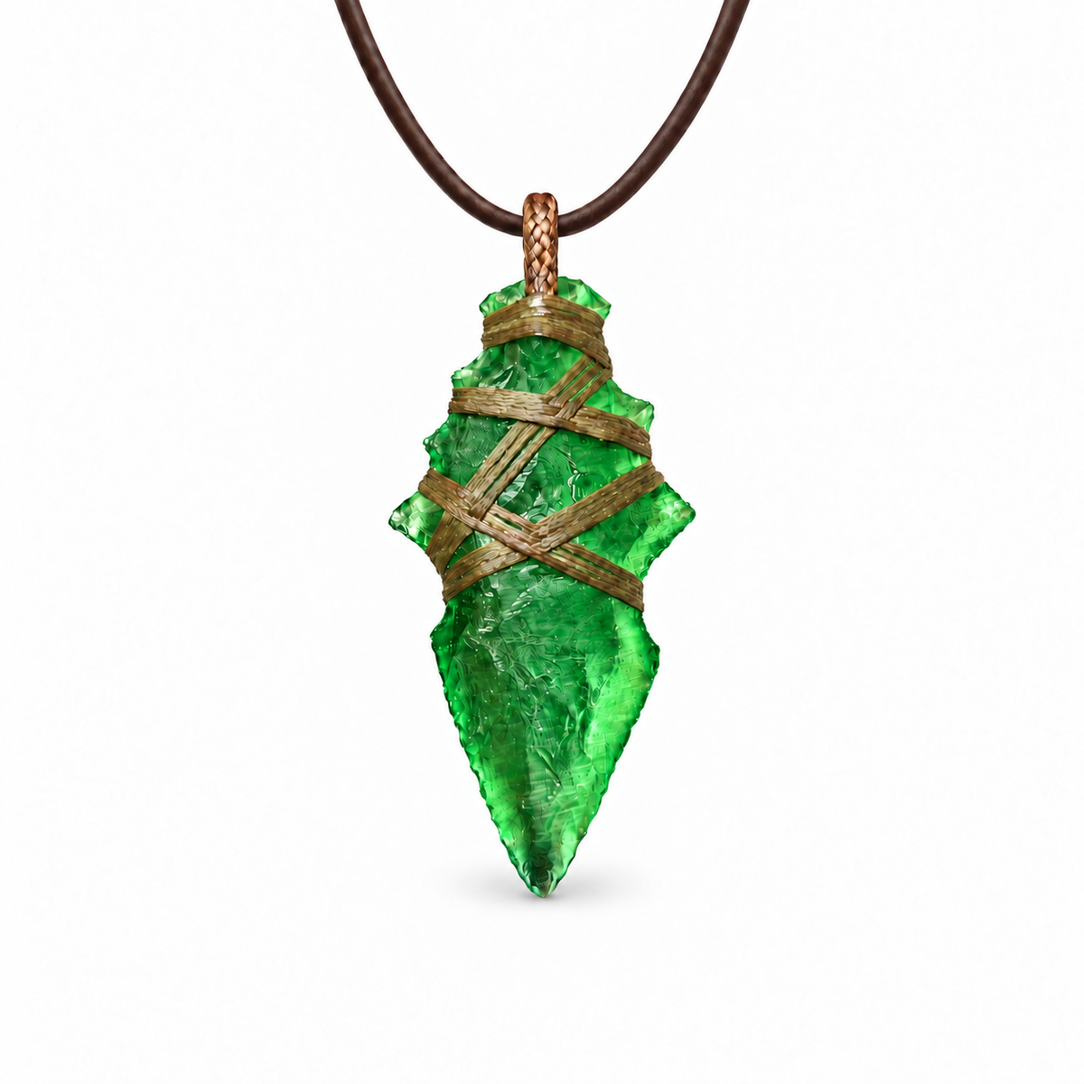 Green barbed arrowhead pendant necklace with crisscross cord wrapping