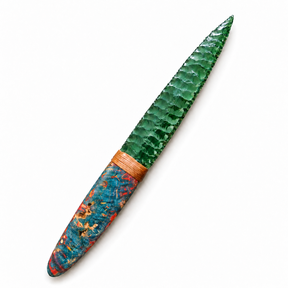 Green broad-blade knapped display knife with a colorful handle