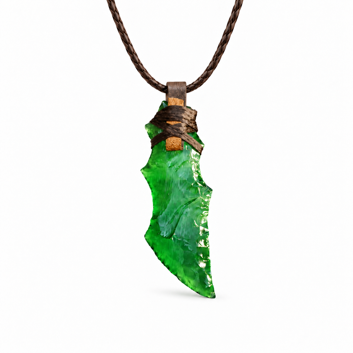 Green curved blade pendant necklace with brown cord wrapping