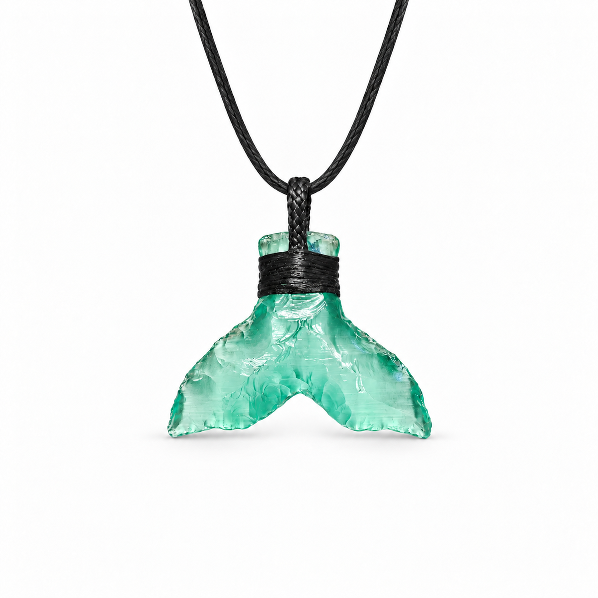 Green wing-shaped fantasy pendant on a black cord