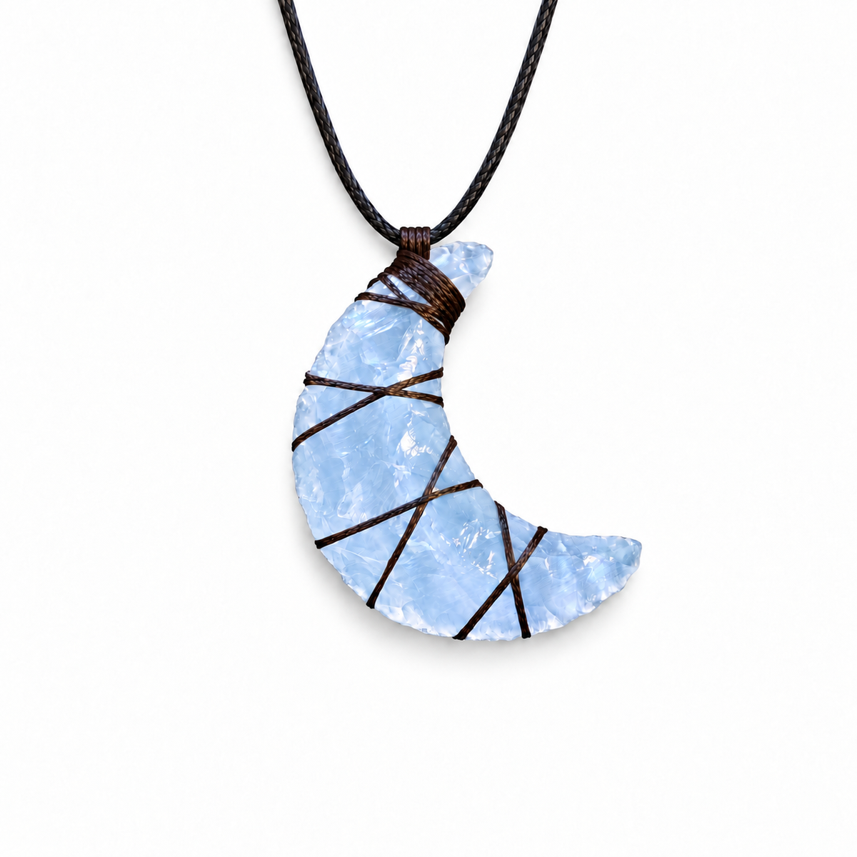 Light blue crescent moon pendant necklace with dark cord wrapping