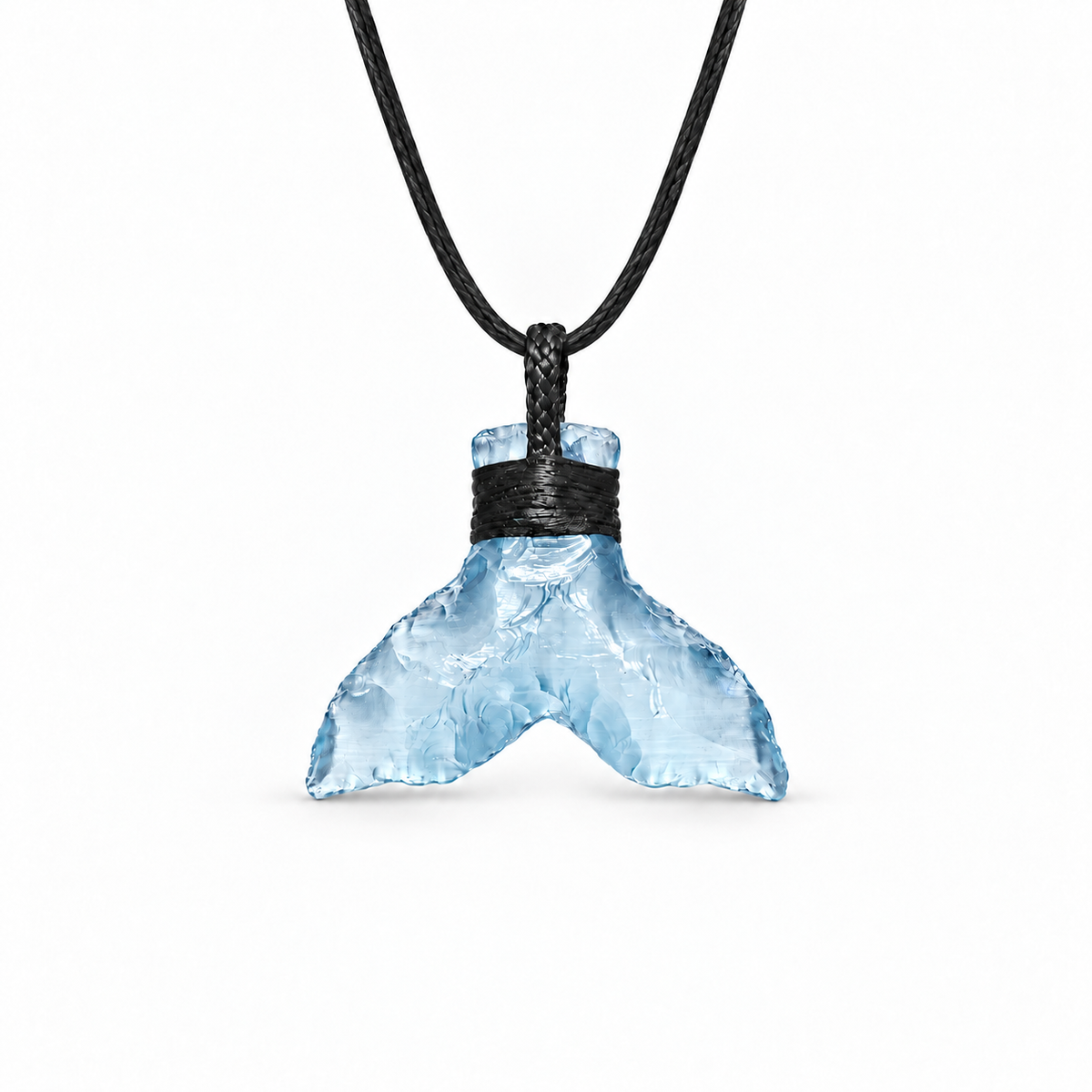 Light blue wing-shaped fantasy pendant on a black cord