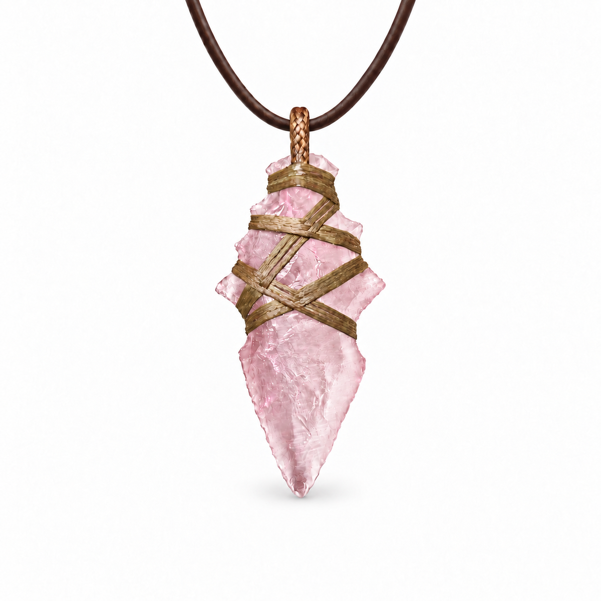 Light pink barbed arrowhead pendant necklace with crisscross cord wrapping