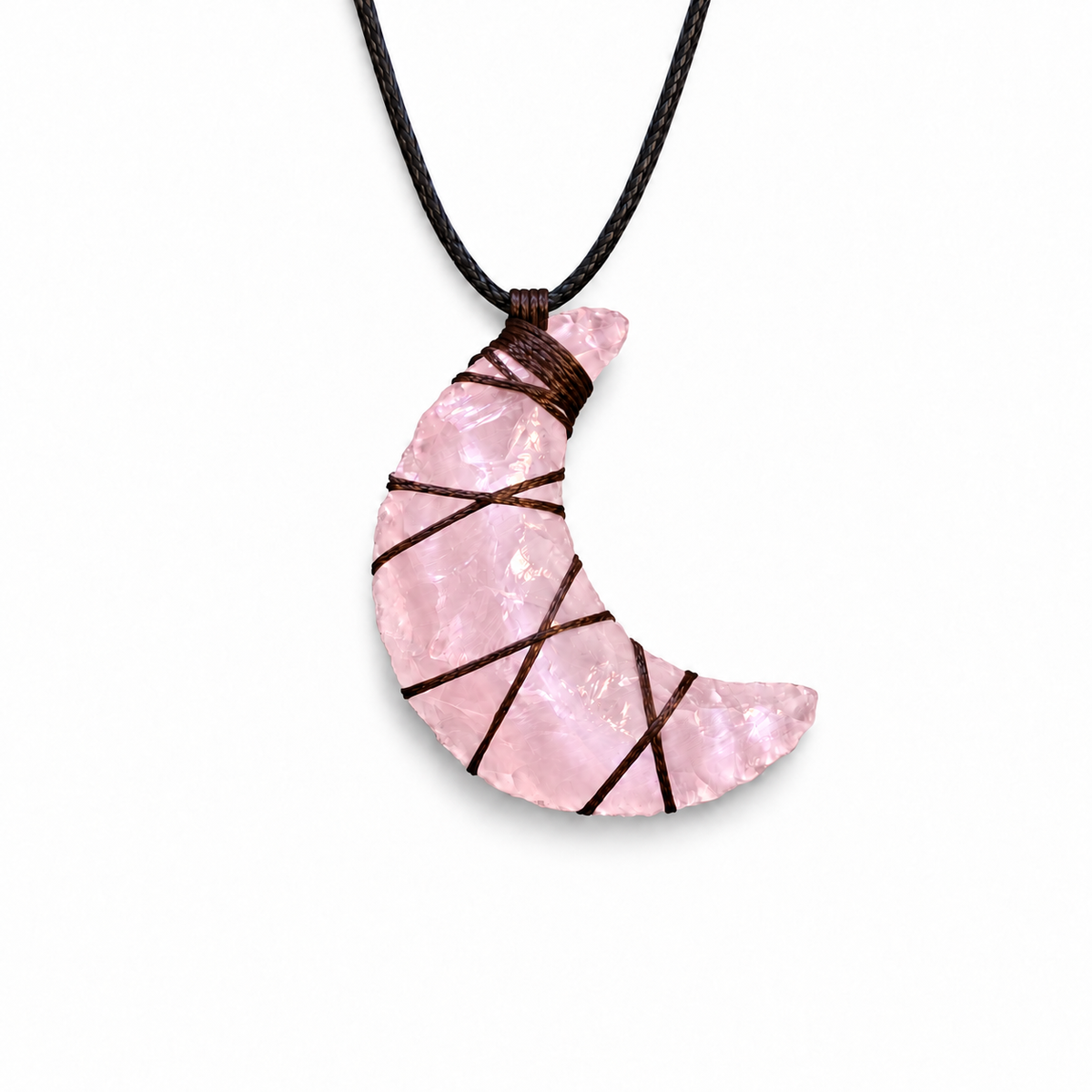 Light pink crescent moon pendant necklace with dark cord wrapping
