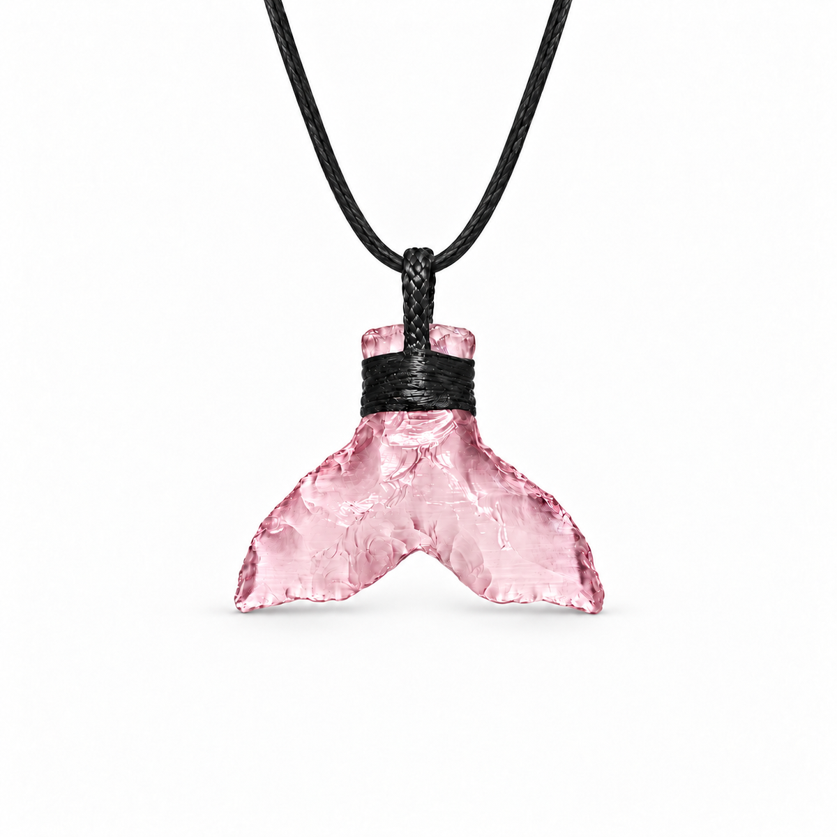 Light pink wing-shaped fantasy pendant on a black cord