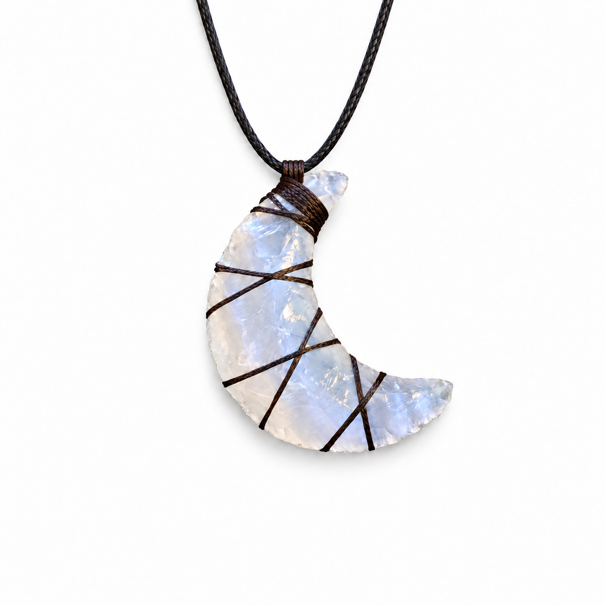 Milky white crescent moon pendant necklace with dark cord wrapping