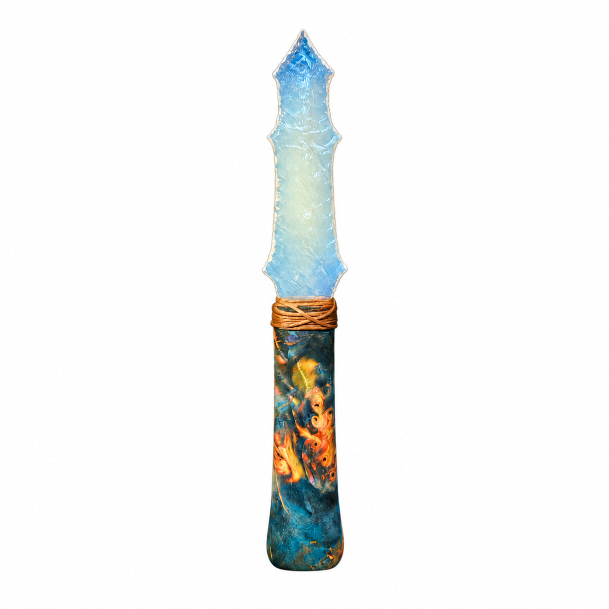 Opal-inspired knapped display blade with a stabilized wood handle