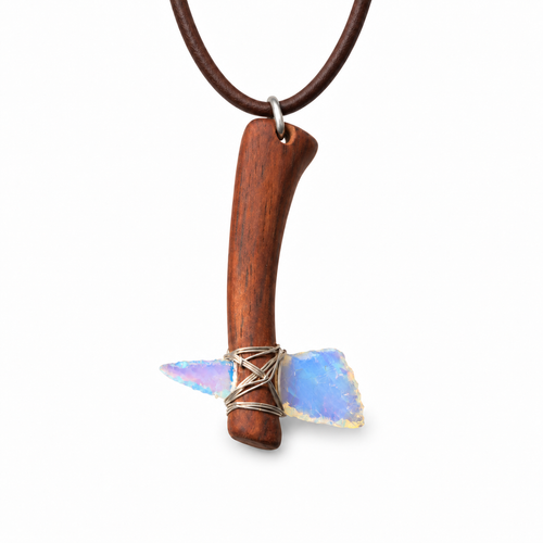 Opalescent blue axe pendant necklace with a wooden handle