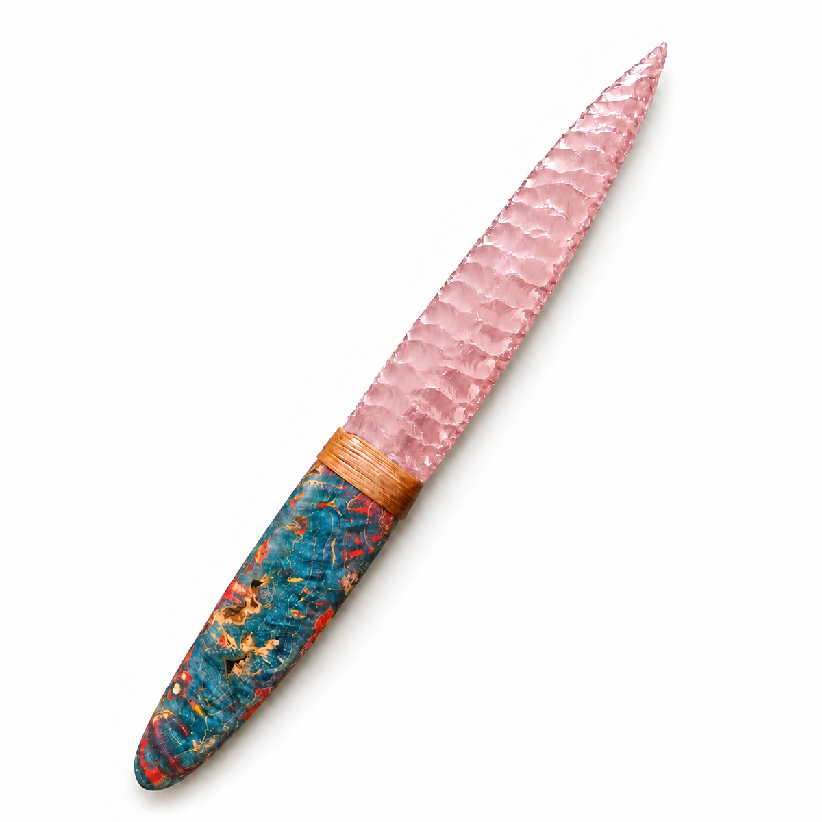 Pink broad-blade knapped display knife with a colorful handle