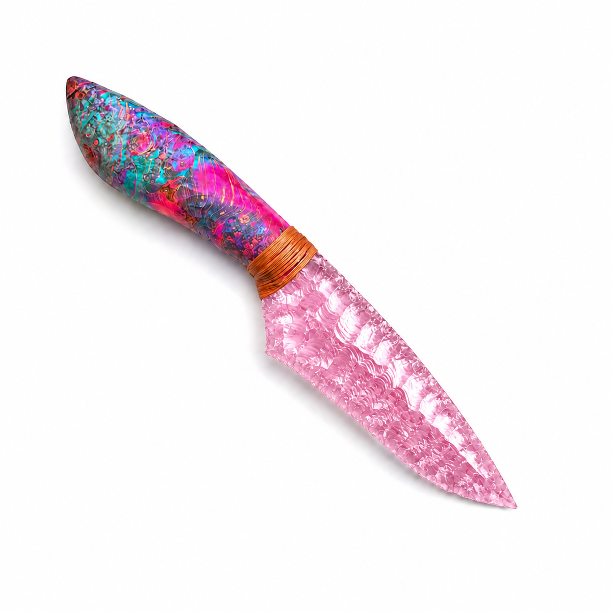 Pink knapped fantasy display knife with a colorful marbled handle