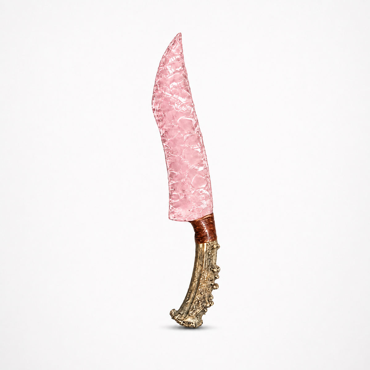 Pink glass hunting-knife-inspired display blade with a textured antler-style handle and a brown wrapped connection.