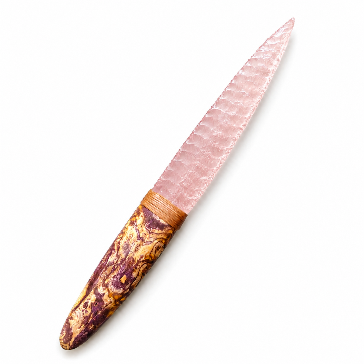 Pink slim knapped display knife with a stabilized wood handle
