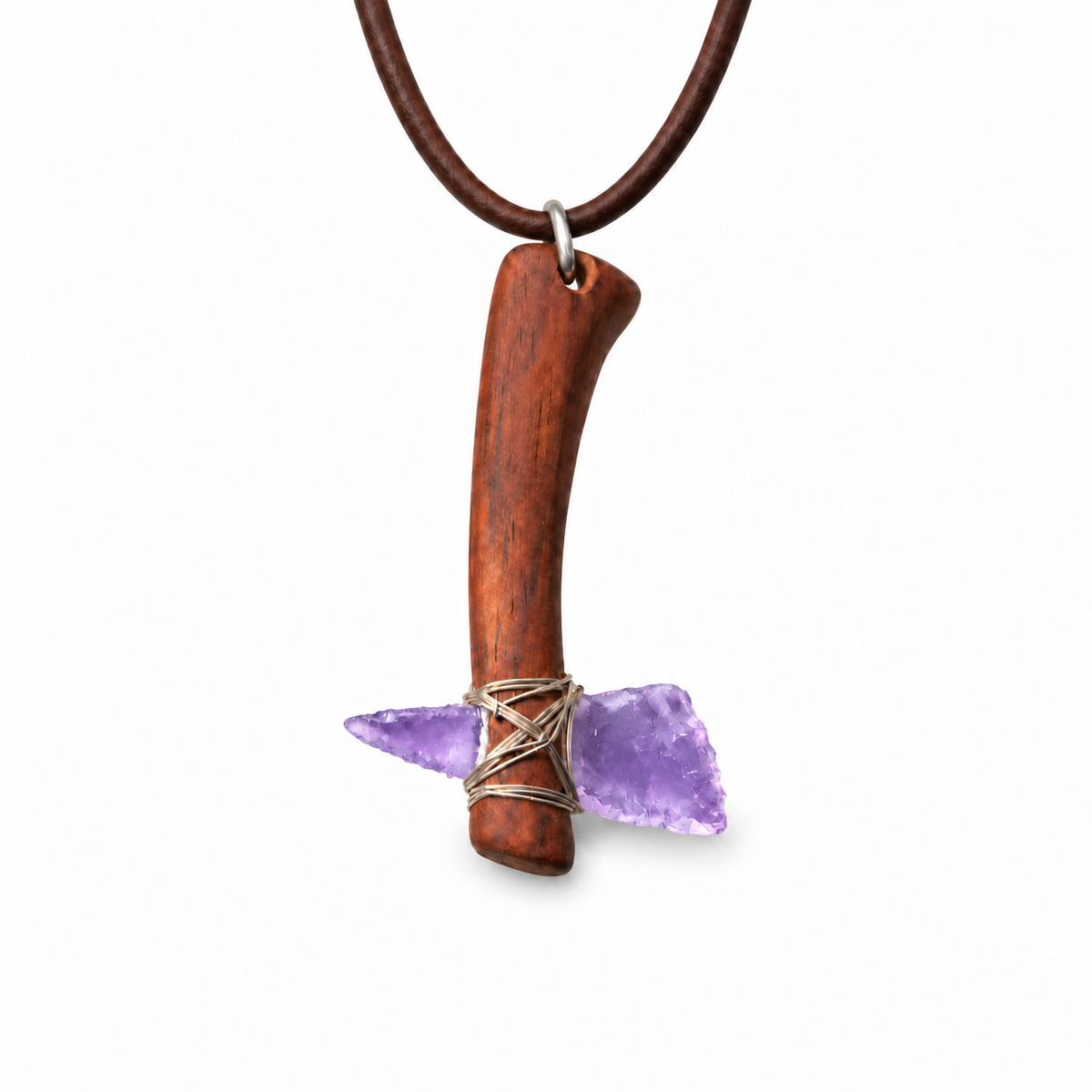 Purple axe pendant necklace with a wooden handle