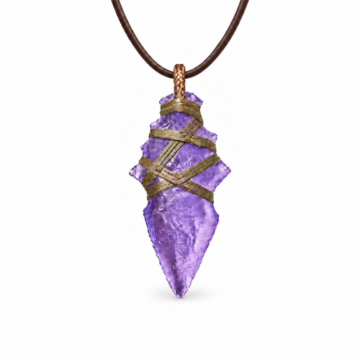Purple barbed arrowhead pendant necklace with crisscross cord wrapping