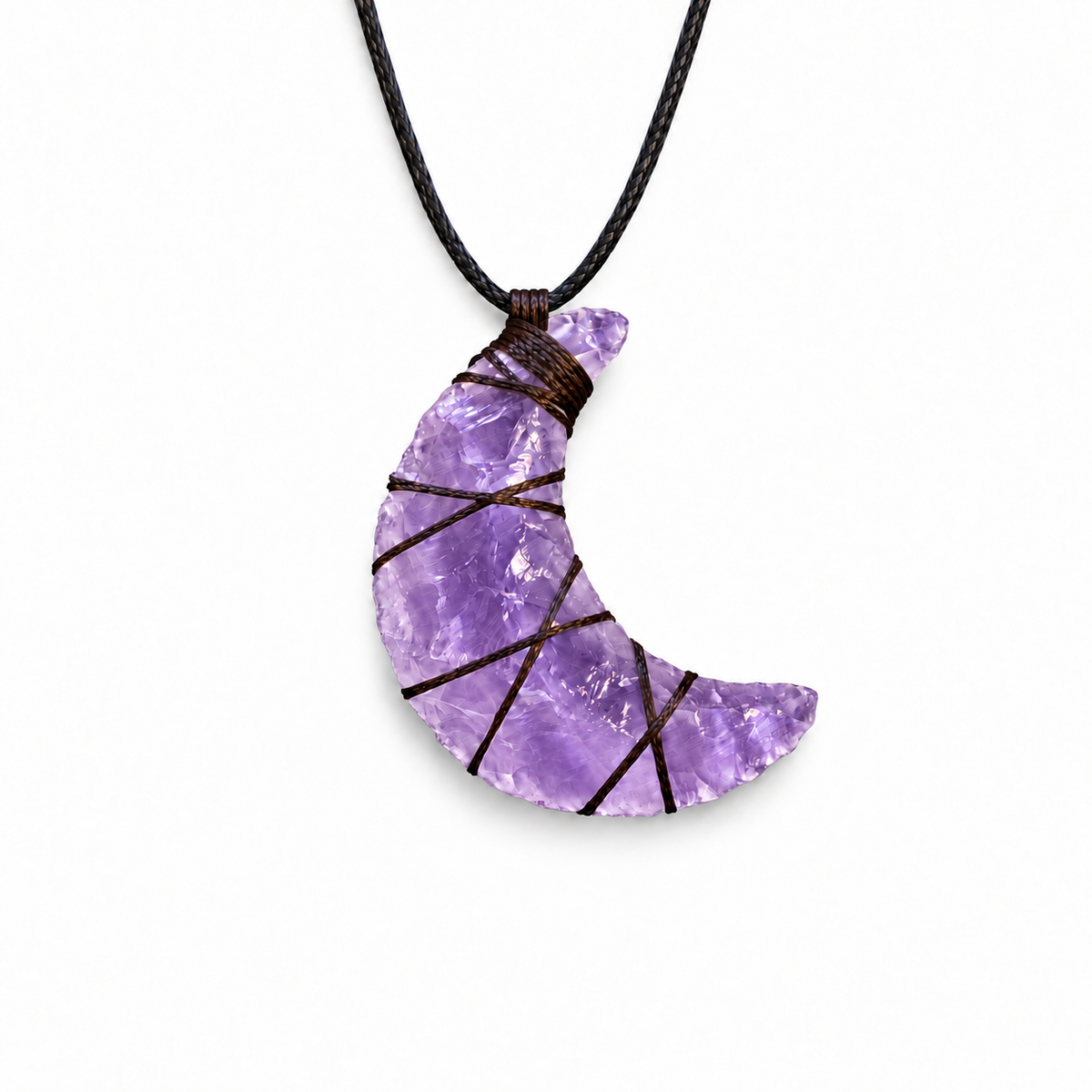 Purple crescent moon pendant necklace with dark cord wrapping