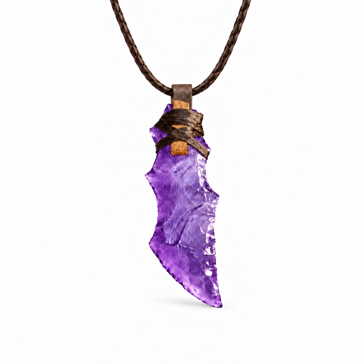 Purple curved blade pendant necklace with brown cord wrapping