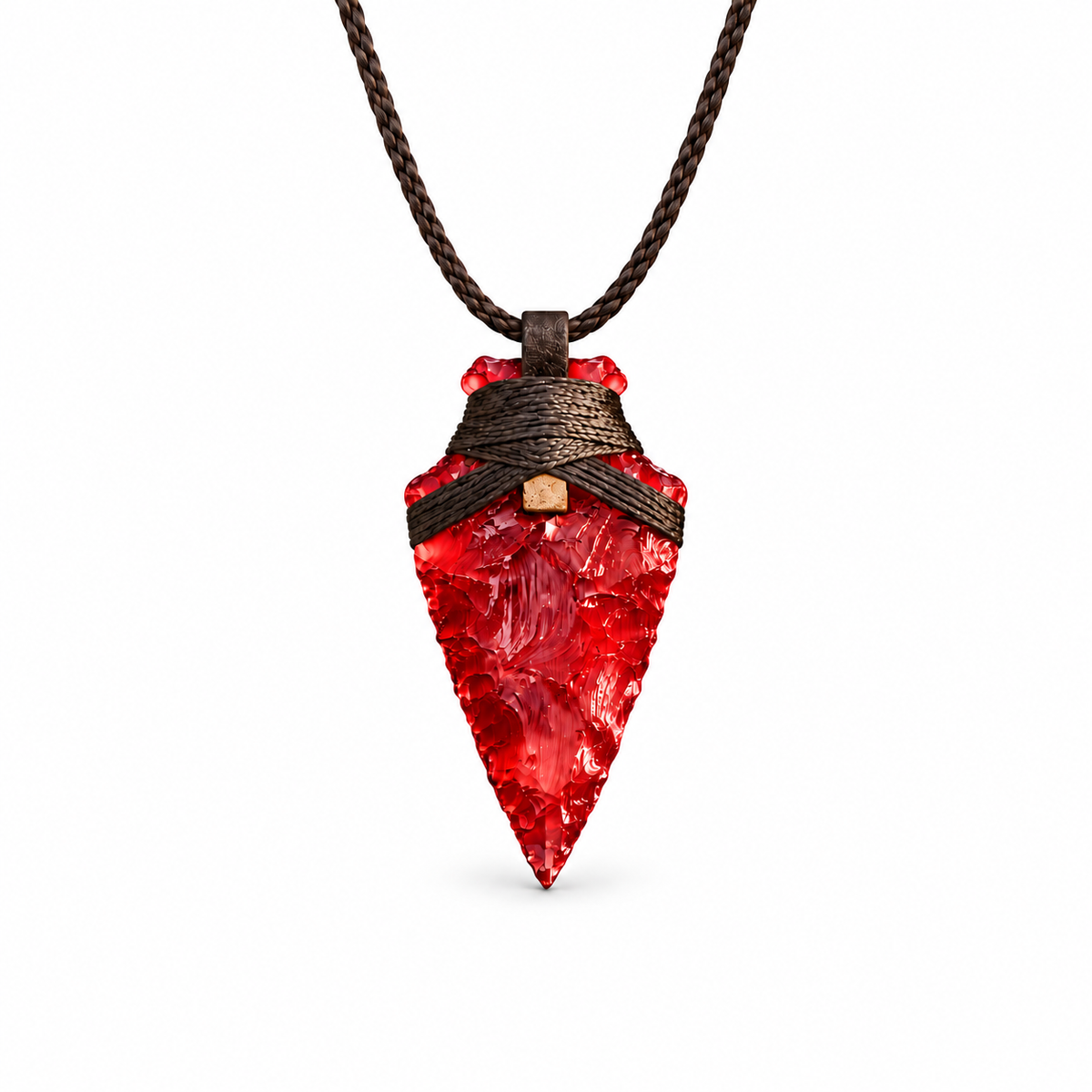 Red arrowhead pendant necklace with brown cord wrapping