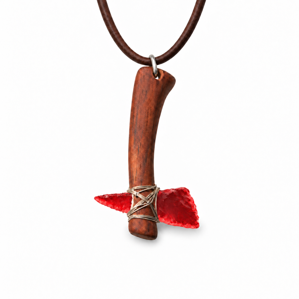 Red axe pendant necklace with a wooden handle
