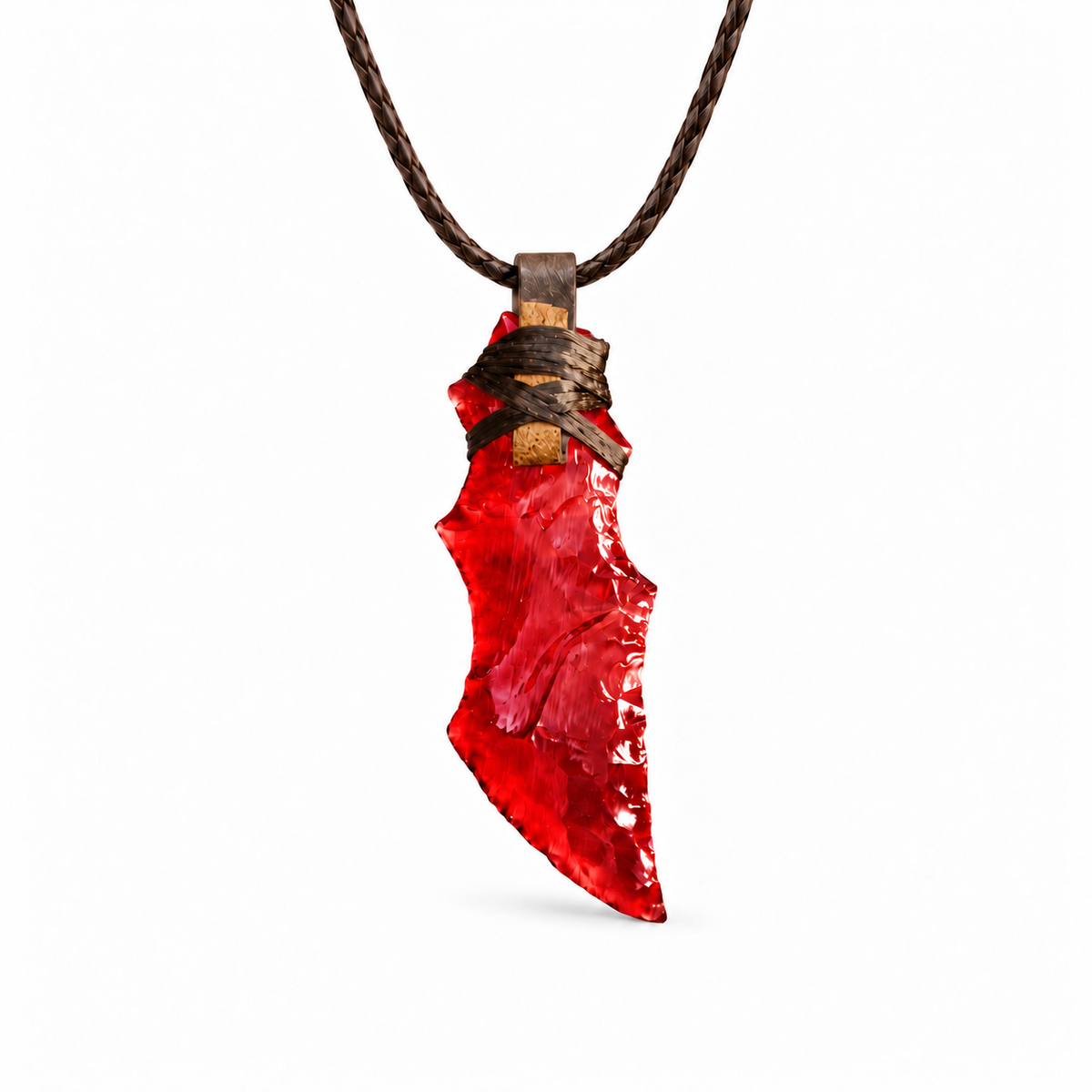Red curved blade pendant necklace with brown cord wrapping