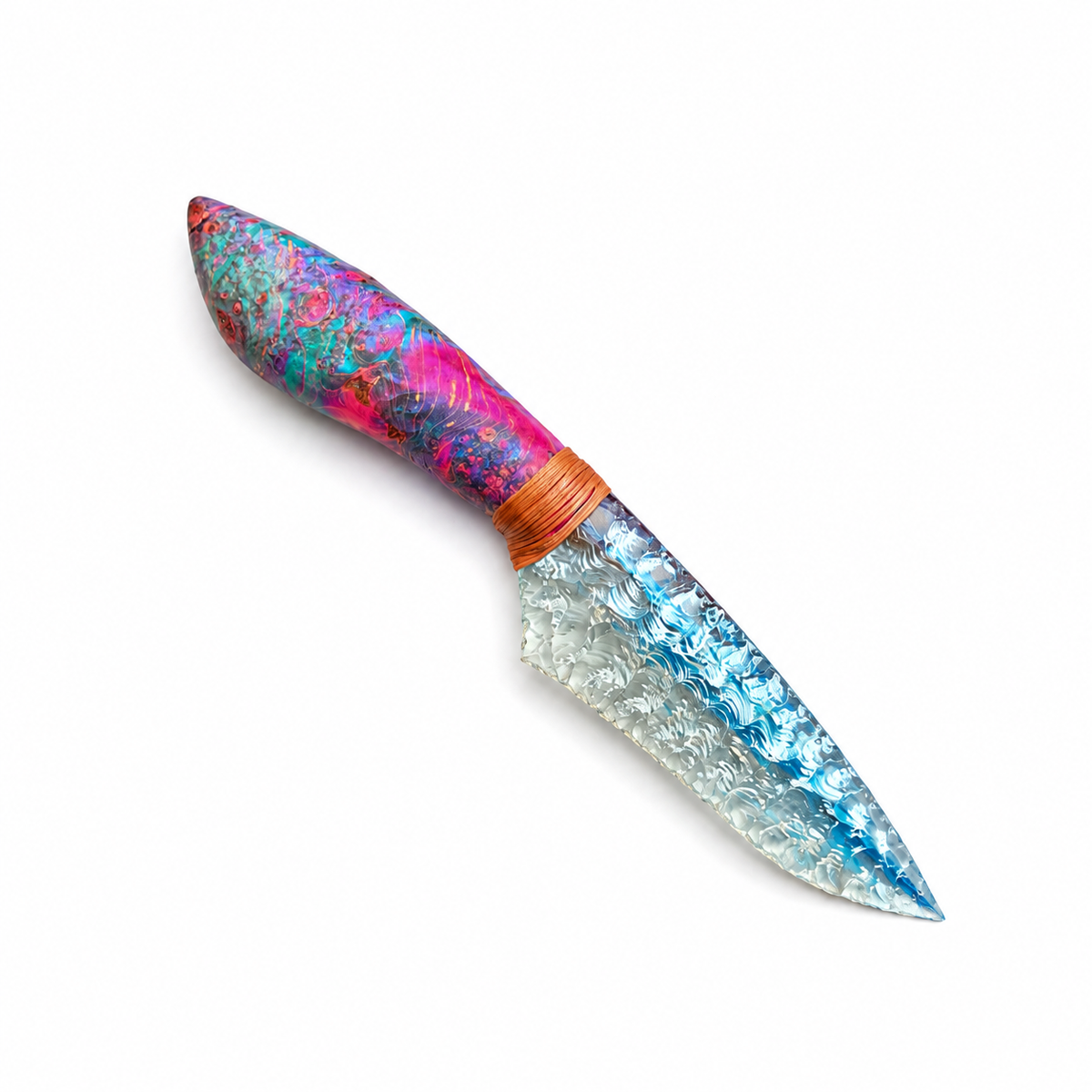 Transparent knapped fantasy display knife with a colorful marbled handle
