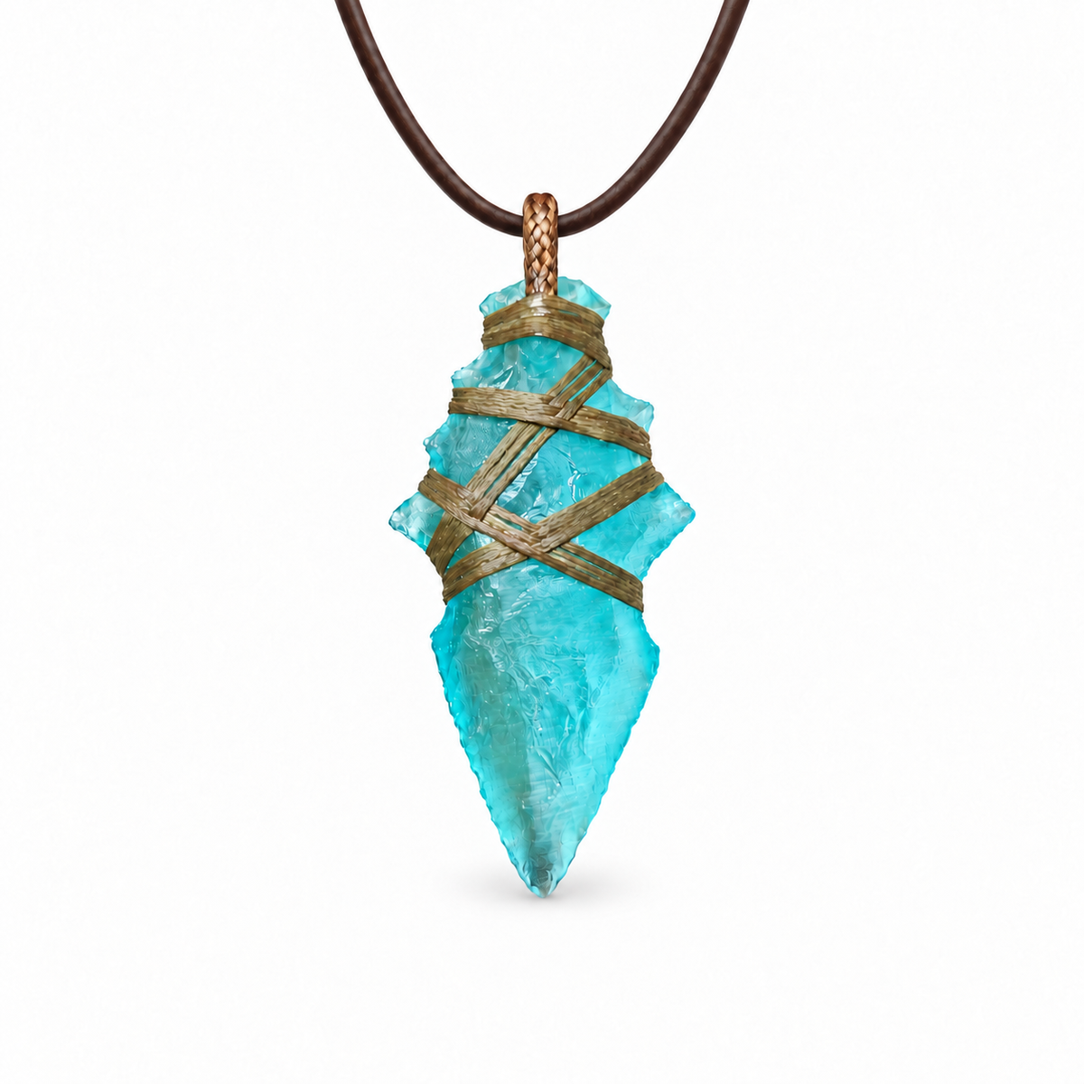 Turquoise blue barbed arrowhead pendant necklace with crisscross cord wrapping